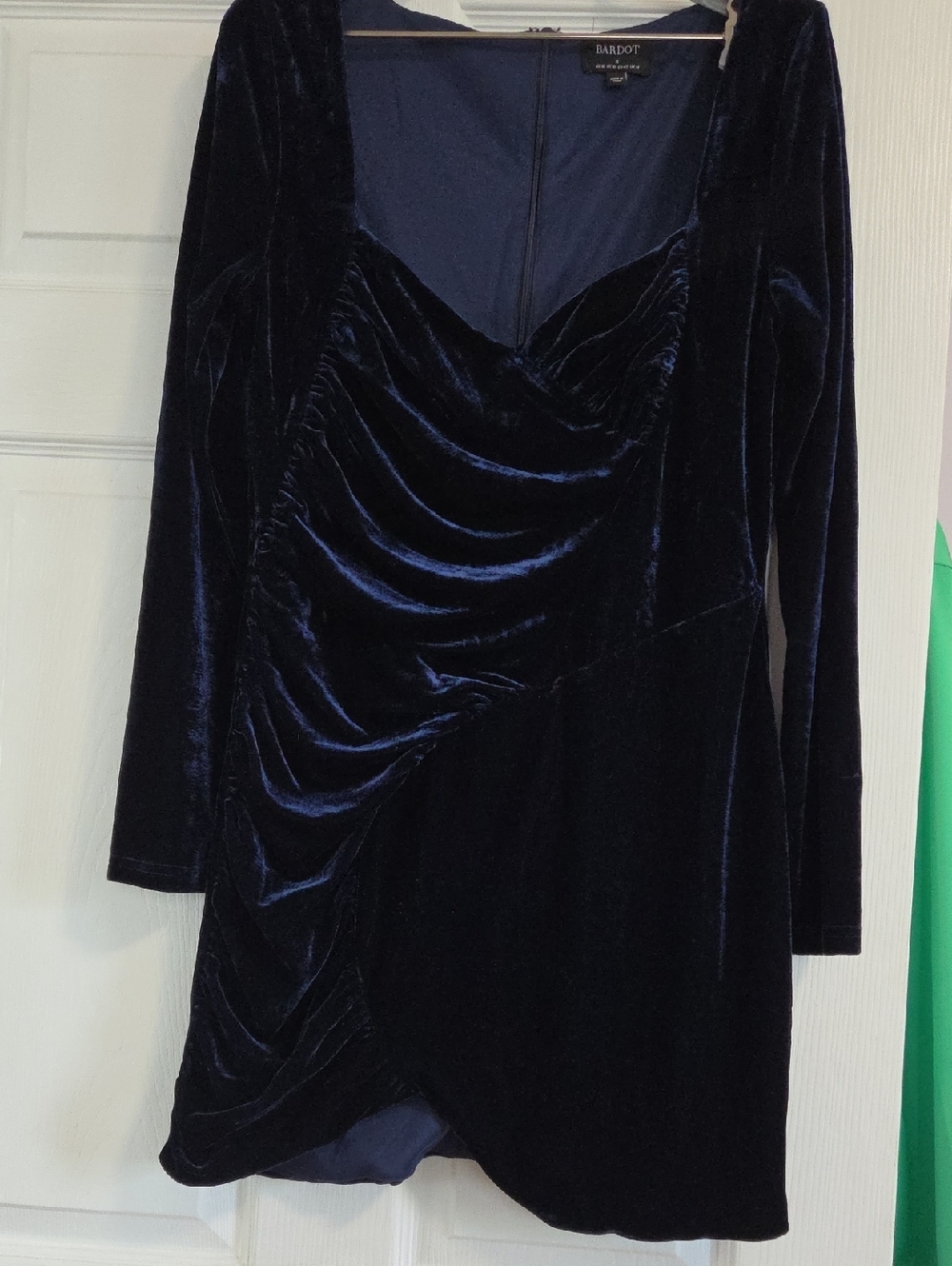 Bardot Dark Navy Velvet Ruched Long Sleeve Dress